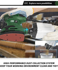 Detail Sander 13000 RPM Palm Sander 1.6A with quick change sanding pad and dust collection box in workshop setting
