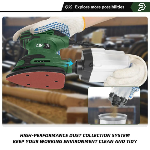 Detail Sander 13000 RPM Palm Sander 1.6A with quick change sanding pad and dust collection box in workshop setting