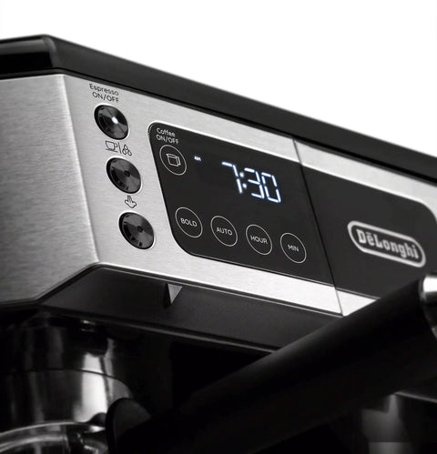Close-up of digital display and controls on All In One Coffee And Espresso Machine With 47 Ounce Capacity For Home Barista Style Brews Brew Rich Espresso Or Smooth Coffee Easy To Use With Steam Wand For Frothy Milk Fast Durable And Convenient
