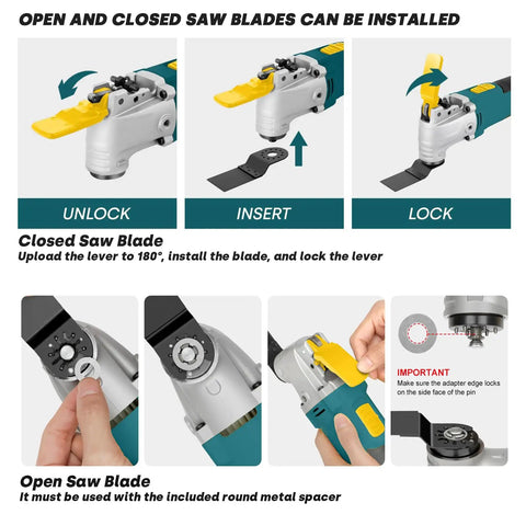 Steps to install saw blades on the 2.5 Amp Corded Oscillating Multi Tool Kit with Six Variable Speeds and 3 Degree Oscillation