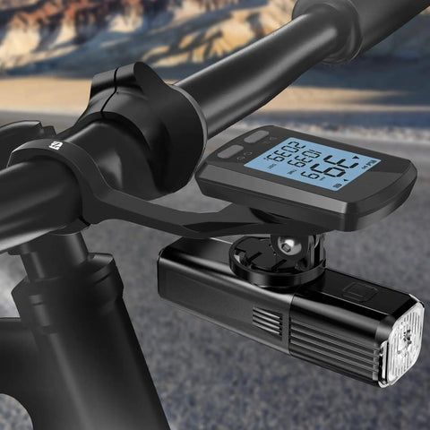 Out Front Bike GPS Computer Mount For 25.6mm And 31.8mm Handlebars Aluminum Aero Bar Bracket with attached GPS and flashlight