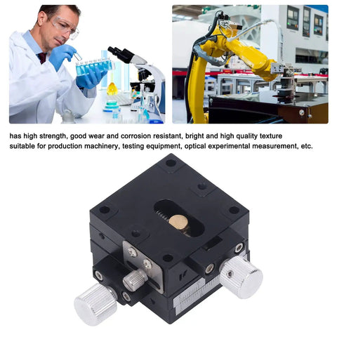 XY Linear Stage 40x40mm Aluminum Manual Precision Slide Platform, black finish, 0.5mm knob, seen in a lab with a robotic arm