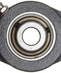 One Inch Bore Two Bolt Flange Mount Pillow Block Ball Bearing Housing With Rock Solid Cast Iron Construction displayed on a flat surface.