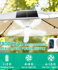 Outdoor Solar Ceiling Fan With Light 21 Inch Portable 30W Remote Controlled Wireless Battery Powered for Camping