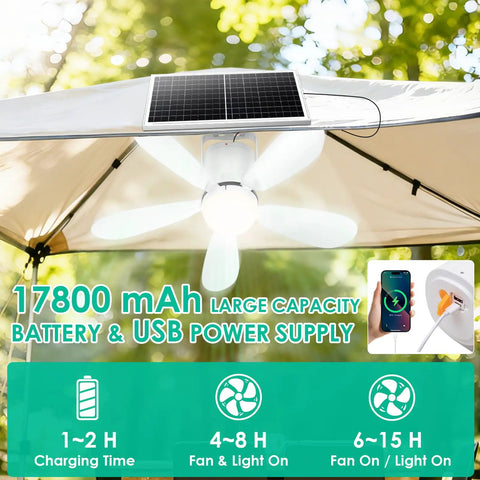 Outdoor Solar Ceiling Fan With Light 21 Inch Portable 30W Remote Controlled Wireless Battery Powered for Camping