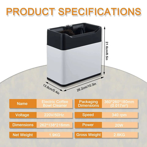 Slick Electric Coffee Knock Box With Quick Portafilter Cleaner For Tight Espresso Pucks Includes Two Heavy Duty Scrapers And Dual Bristle Brushes, showing product dimensions and specifications.