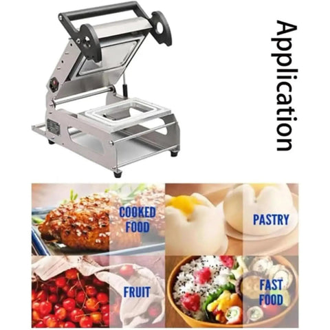 Top Notch Manual Food Sealing Machine For Sandwich Trays And Takeaway Boxes Delivers Fast Eight Seals Per Minute With Adjustable Heat Control, stainless steel design.