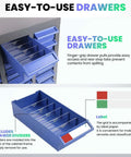 Close-up of easy-to-use drawers in 40 Drawers Bolt And Nut Tool Storage Cabinet With 200 Dividers And 80 Label Slots Tough Heavy Duty Alloy Steel Parts Cabinet For Screws Nuts Bolts Hardware In Workshop
