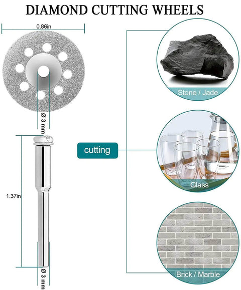 Diamond cutting wheel dimensions and uses for stone, jade, glass, and brick in 32 Piece Rotary Tool Accessories Kit Dremel Compatible.