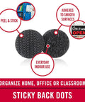 Heavy Duty Adhesive Hook And Loop Dots For Smooth Surfaces Medium Black 3/4 Inch Circles 200 Pack shown for indoor use.