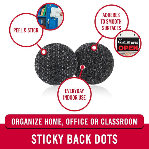 Heavy Duty Adhesive Hook And Loop Dots For Smooth Surfaces Medium Black 3/4 Inch Circles 200 Pack shown for indoor use.