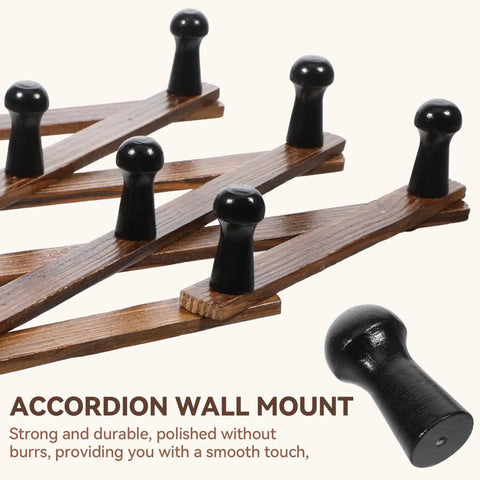 Expandable Accordion Wall Rack For Hats Coats Scarves And Purses Wood X Shape Coat Organizer close-up of peg hooks