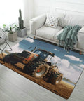 Farm Tractor Themed Area Rug 40 By 60 Inch Non Slip Stain Resistant Low Pile Floor Mat in living room with white sofa