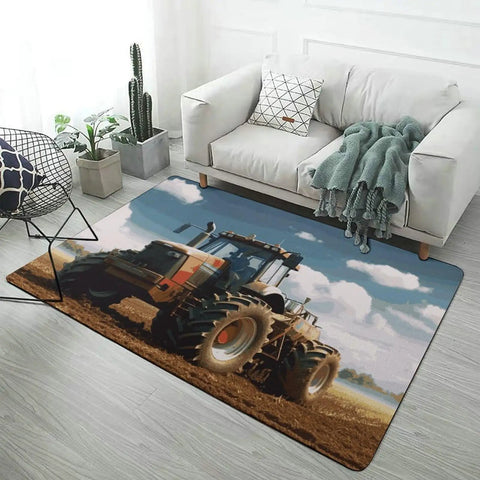 Farm Tractor Themed Area Rug 40 By 60 Inch Non Slip Stain Resistant Low Pile Floor Mat in living room with white sofa
