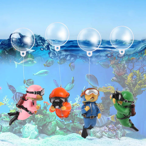 Floating Diver Aquarium Decor 4 Pack, Cute Little Diver Toys For Fish Tank Ornaments, smiling divers in colorful outfits undersea.