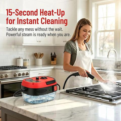 Woman using 2500W Portable High Temperature Steam Cleaner Handheld for Car Detailing Furniture Kitchen Grout Floors and Tile Red Power