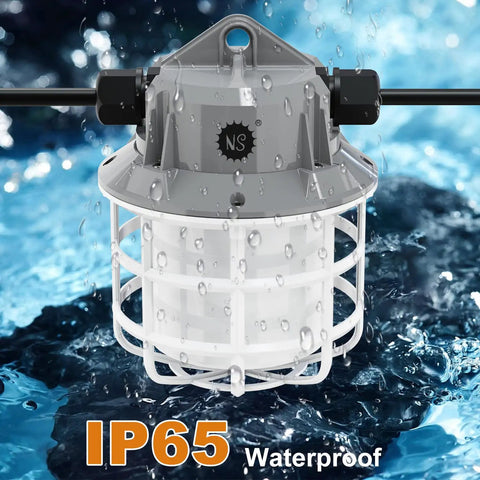 50Ft LED Construction String Lights 75W 7500LM Industrial Grade, waterproof cage design with water droplets, IP65 rating.