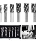 Six HSS end mills with 3/4-inch Weldon shanks in a black storage case; includes 4- and 6-flute cutters.