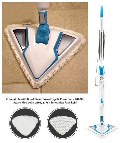 Replacement Steam Mop Pads for Bissell PowerEdge and PowerForce Lift Off Mops 4 Pack shown on mop head and stand.