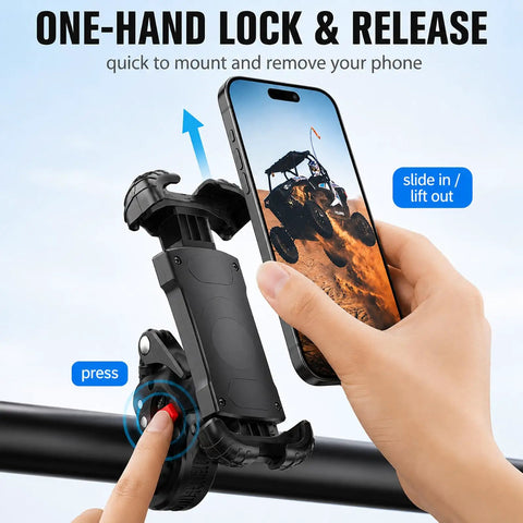 Heavy Duty UTV Phone Mount Designed For Gator Xuv845r Models with one-hand lock and release feature for easy phone access.
