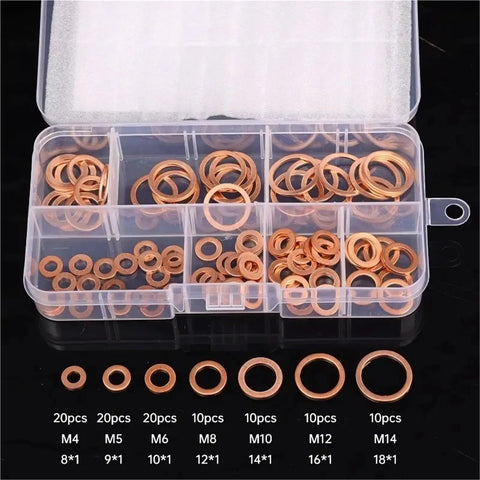 Badass Flat Copper Washers 100 PCS M4 To M14 Oil Drain Sump Plug Seal Kit For Cars Boats Trucks Engine Repair Universal Fit Saves Money DIY Fixes Keeping Things Leak Free Smooth Operation And No Worries In Your Ride Now Today. Copper washer kit in case, assorted M4 to M14 sizes