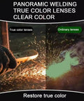 Panoramic welding true color lenses comparison showing clear color vs ordinary lenses with sparks during welding.