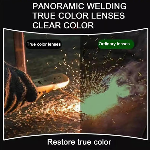 Panoramic welding true color lenses comparison showing clear color vs ordinary lenses with sparks during welding.
