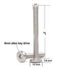 BinifiMux 1/4-20 x 2in flat-head Allen bolts, two, 304 stainless steel, plain finish, furniture hardware (front view)
