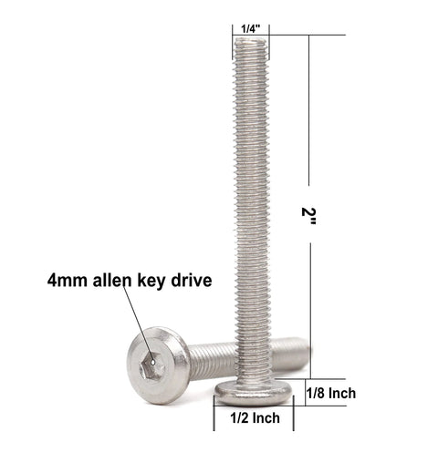 BinifiMux 1/4-20 x 2in flat-head Allen bolts, two, 304 stainless steel, plain finish, furniture hardware (front view)