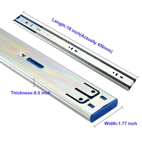 Top Shelf Built Tough 18 Inch Full Extension Drawer Slides, showing length and thickness details, side mounted for smooth glide.