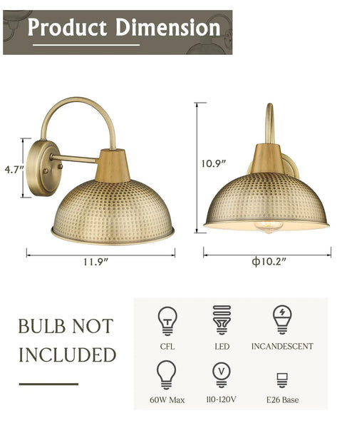 Two Pack Outdoor Wall Lights With Hammered Metal Shade And Gooseneck Arm In Antique Brass Barn Style Sconce dimensions