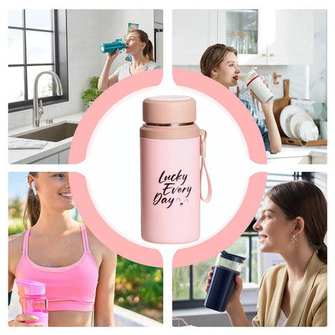 Collage of 800ml Insulated Water Bottle With Tea Infuser, Leakproof Vacuum-Sealed Double-Wall Stainless Steel Flask in use