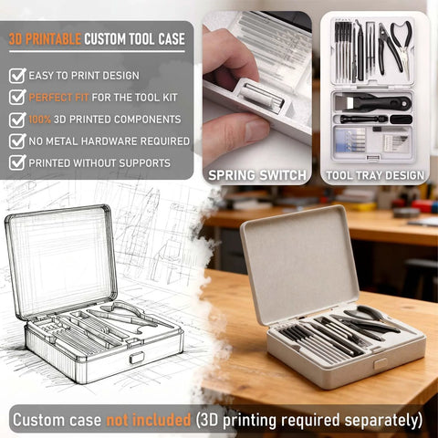 Front view of open gray plastic 3D printer tools kit case with deburring tool, wire cutter, drill, scraper.
