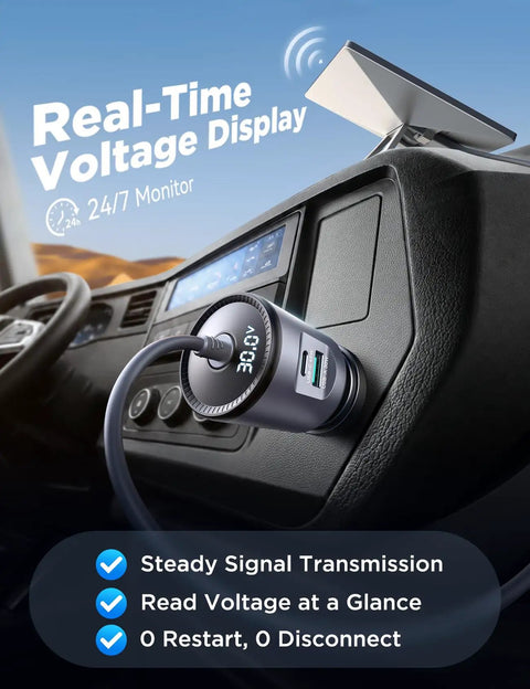 Starlink Mini Car Power Adapter And 12V To 24V To 30V Dc Step Up Converter showing voltage display in car interior.