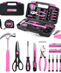 Pink 40 Piece Home Go-To DIY Tool Set With Plastic Toolbox Case Chrome Vanadium Hand Tools Heat Treated TPR Grip Hammer Pliers Kit