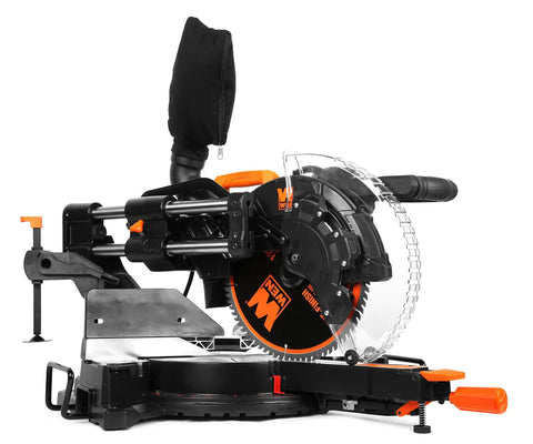Pro Level 15 Amp 12 Inch Dual Bevel Sliding Compound Miter Saw With Crisp Led Cutline Guide and Wall Savvy Compact Footprint, side view