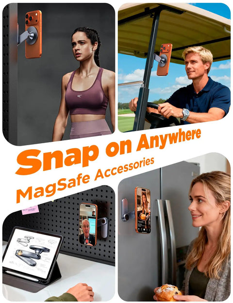 Collage showing MagSafe Golf Cart Phone Holder with 36x N55 Magnets in various uses including on a golf cart and home settings.