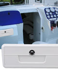 White lockable boat glove box storage compartment for pontoon yacht, console-mounted with cup-holder design.