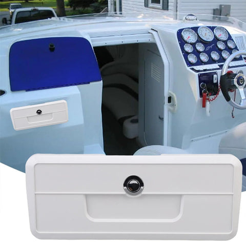 White lockable boat glove box storage compartment for pontoon yacht, console-mounted with cup-holder design.
