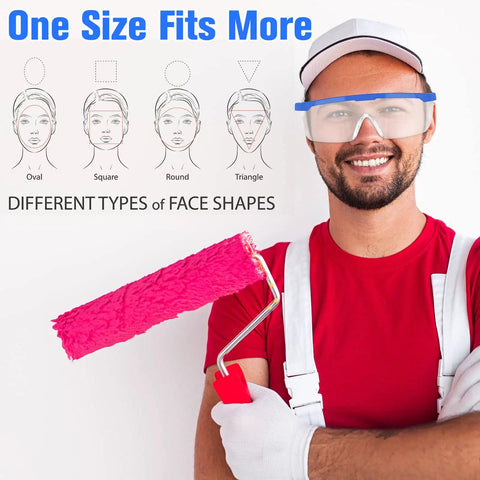 Man wearing 20 Pack Safety Goggles For Glasses Wearers, Anti Fog Lab Goggles in blue PVC, holding a paint roller.