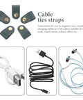 Premium Faux Leather Cable Organizer Straps For Earphones And USB Cables, dark green bands with brass buttons for organizing cables.