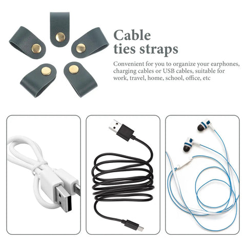 Premium Faux Leather Cable Organizer Straps For Earphones And USB Cables, dark green bands with brass buttons for organizing cables.