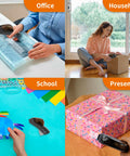 Four images of the Dead Simple One Handed Automatic Tape Dispenser With Concealed Safety Cutter And Smooth Portable Grip For Quick Office Or Home Packing Tasks Includes Two Bonus Gray Rolls in use for packing, crafting, and gift wrapping.