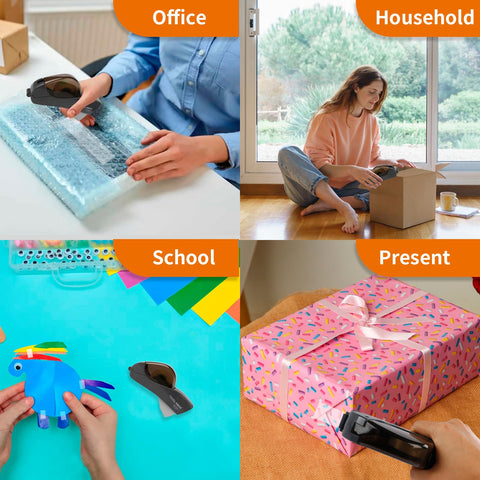 Four images of the Dead Simple One Handed Automatic Tape Dispenser With Concealed Safety Cutter And Smooth Portable Grip For Quick Office Or Home Packing Tasks Includes Two Bonus Gray Rolls in use for packing, crafting, and gift wrapping.