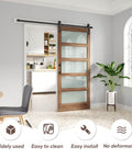 36 By 84 Inches Frosted Glass Sliding Barn Door With Five Panel Design, Waterproof Surface, installed in modern room