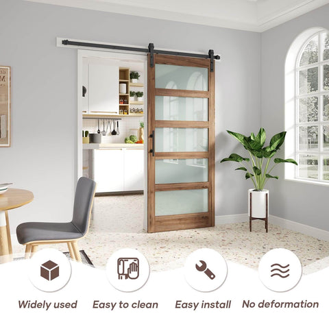 36 By 84 Inches Frosted Glass Sliding Barn Door With Five Panel Design, Waterproof Surface, installed in modern room