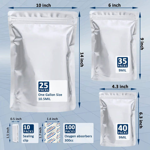 100 Pack Food Storage Bags Kit With 100x 300cc Oxygen Absorbers, 9 Mil Thickness In 10x14, 6x9, And 4.3x6.3, resealable zip lock bags shown