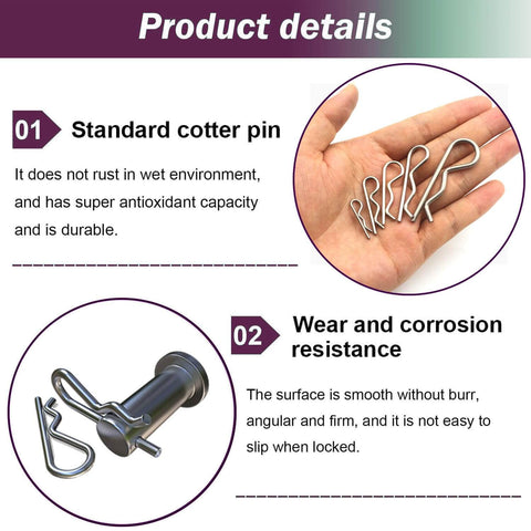 Stainless Steel Hitch Pin Clip Kit 80 Piece Set With Six Sizes For Hitch Pin Lock Systems Trucks And Engine Repair Gear Up Your Ride With Durable R Clips And Retaining Pins Assortment, showing assorted R clips and retaining pins in hand and details about durability and corrosion resistance.