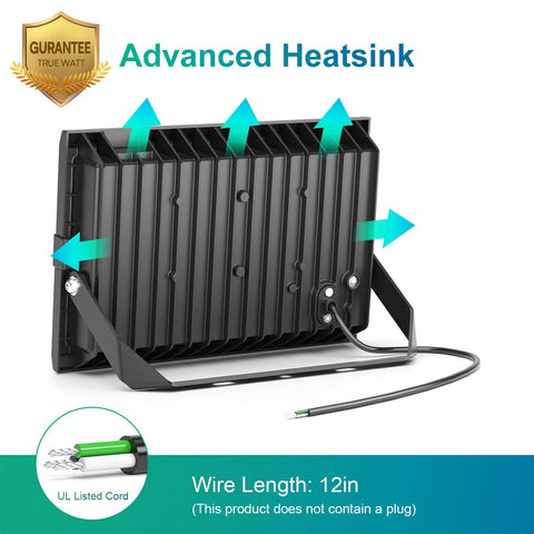 Back view of 2 Pack 80W LED Flood Lights Outdoor IP66 Waterproof Security Lighting 800W Equivalent with advanced heatsink and 12in wire