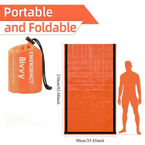 Emergency Thermal Sleeping Bag Kit With Drawstring Storage Pouch And Survival Whistle, Mylar, orange, folded in pouch, dimensions shown
